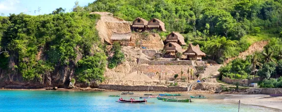 Image of human settlement and fishing boats in lush beach area.