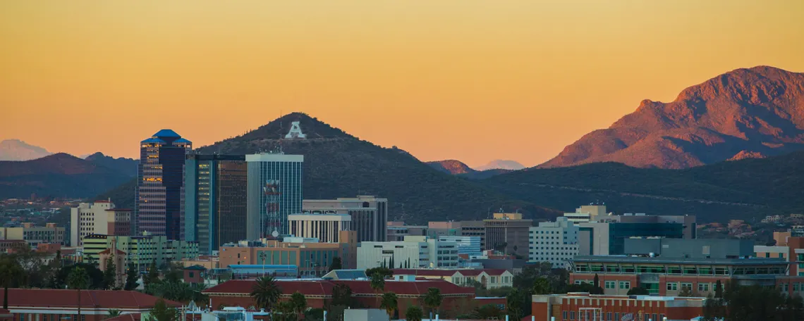 Sunrise over Tucson area overlooking from Keating building at the UA