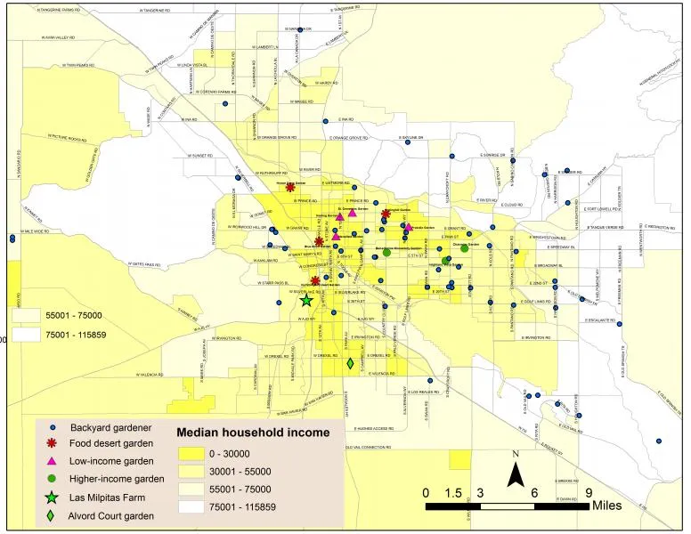 Map of backyard gardener locations in comparison to food desert and community garden locations.