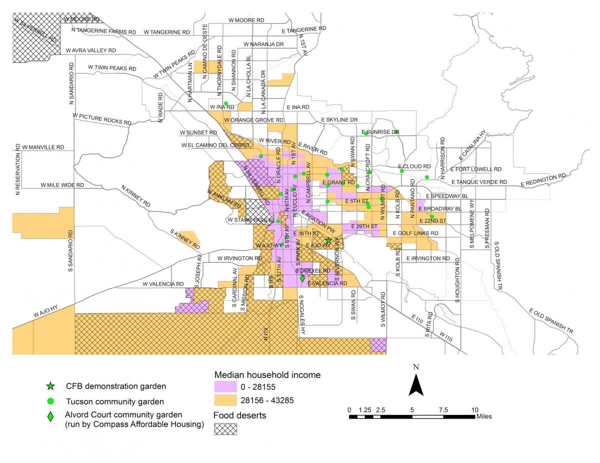 Distribution of household median income and food deserts across the city of Tucson, Arizona.